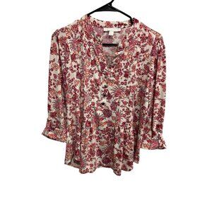 Juniper + Lime Womens Red Cream Floral Button Front Blouse Size PL Boho